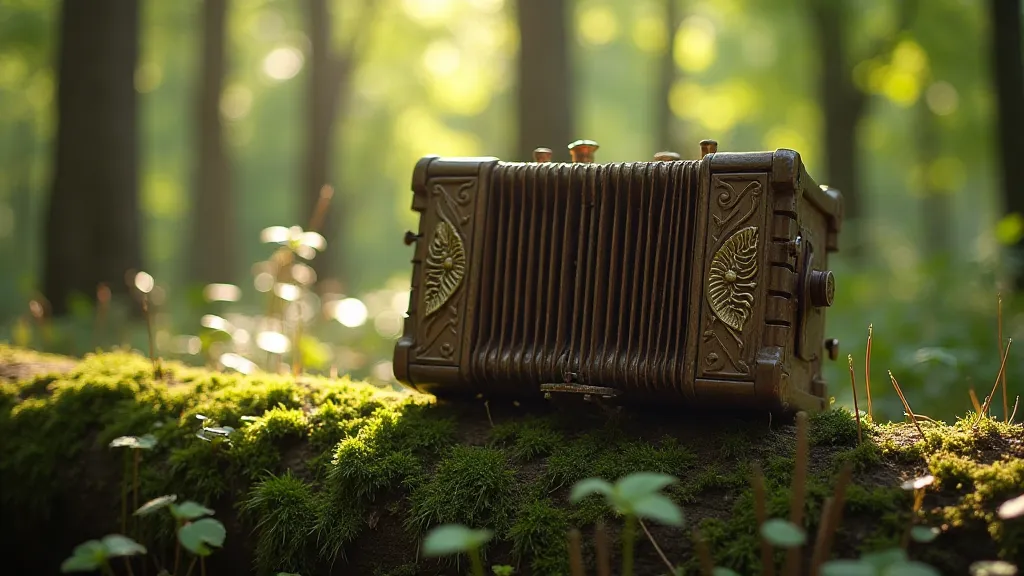 Antique accordion in a forest