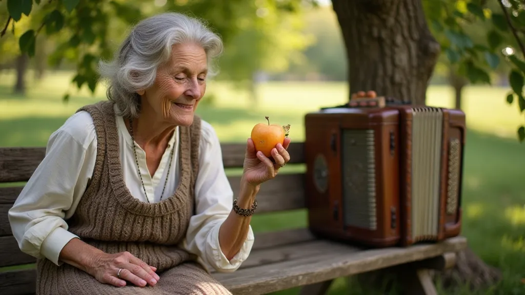 Elderly woman in orchard with antique accordion