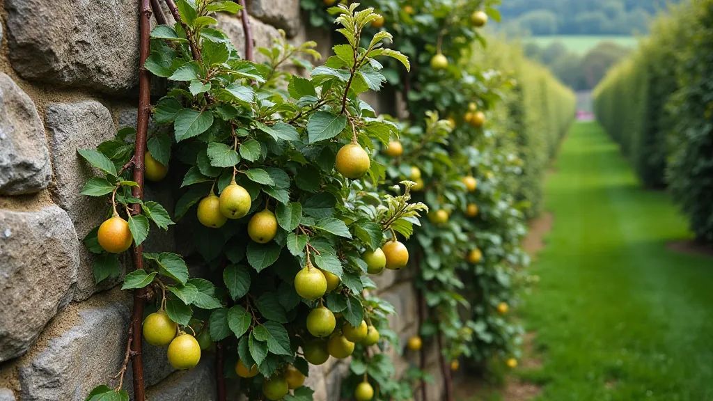 Established espaliered pear tree on a stone wall