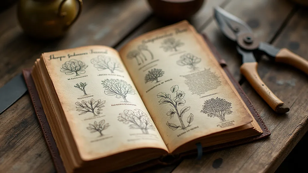 Gardening journal with fruit tree sketches
