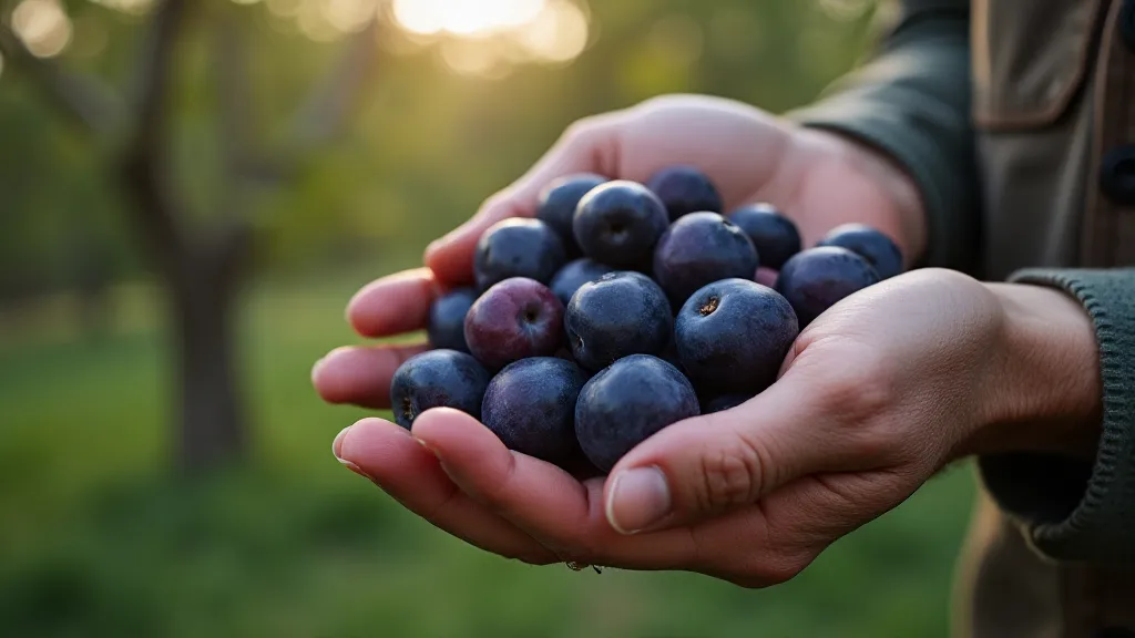 Elderly gardener holding rare plums