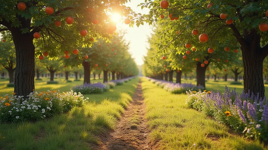 Vintage orchard scene with companion plants