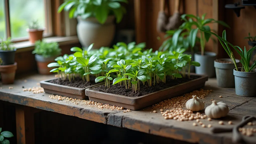 Workbench with seedlings and seeds